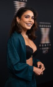 Glamorous Vanessa Hudgens in a Black Lace Bra at Rihanna's Savage X Fenty Fashion Show 2021