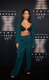 Glamorous Vanessa Hudgens in a Black Lace Bra at Rihanna's Savage X Fenty Fashion Show 2021