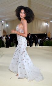 Imaan Hammam Full Glam in a Sheer Versace Gown at The 2021 Met Gala
