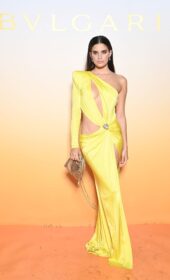 Sara Sampaio Stylish Look in a Yellow Gown at the Bulgari fashion show 2021 in Milan, Italy