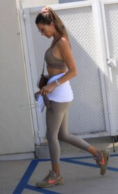 Super Fit Alessandra Ambrosio Street Style in Beige Crop Top and Leggings - September 2021