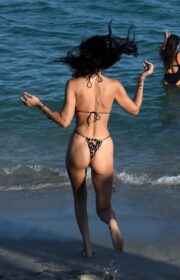 Bella Hadid Sparkles in Animal Print Bikini in Miami Beach, November 2021