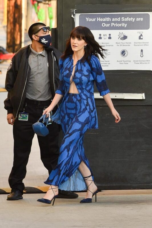 Gorgeous Rachel Brosnahan in Blue Dress Arriving to Jimmy Kimmel Live 2022