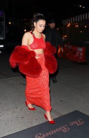 Charli XCX Sexy Street Style in Sheer Red Crop Top in New York City 2022