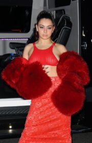 Charli XCX Sexy Street Style in Sheer Red Crop Top in New York City 2022