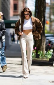 Kendall Jenner Braless Street Style in White Crop Top in New York City 2022