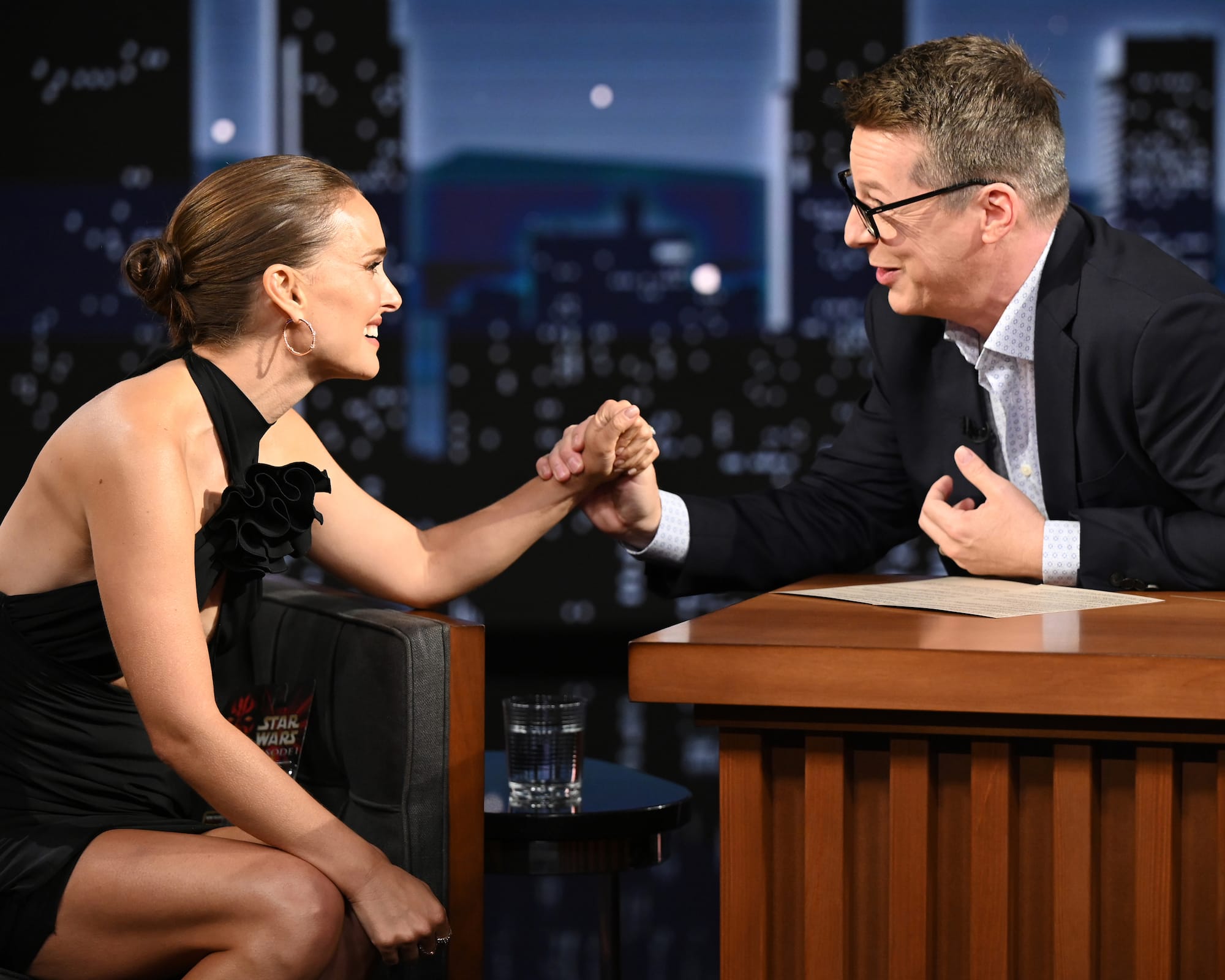 Natalie Portman talking to the guest host Sean Hayes during Jimmy Kimmel Live show on June 23, 2022.