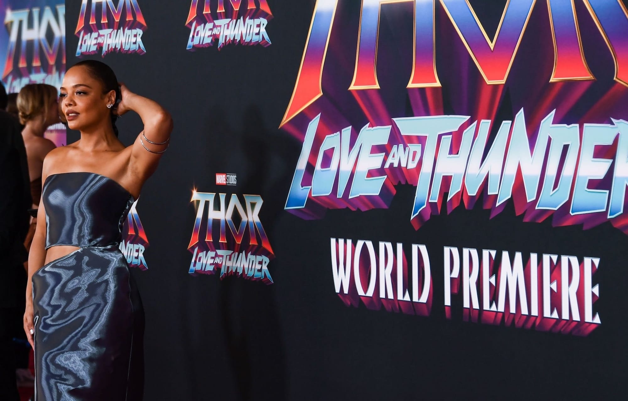 Tessa Thompson in a metallic dress on the red carpet of 'Thor: Love and Thunder’ World Premiere on June 23, 2022.