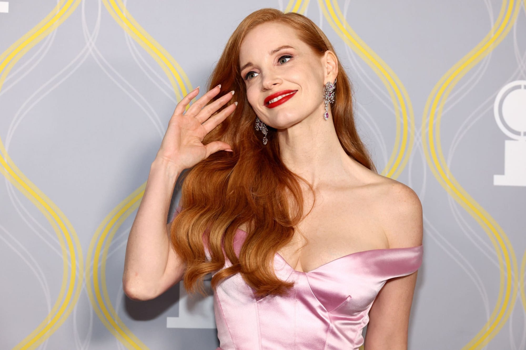 Jessica Chastain in Pink Gucci Gown at 75th Tony Awards in New York City.