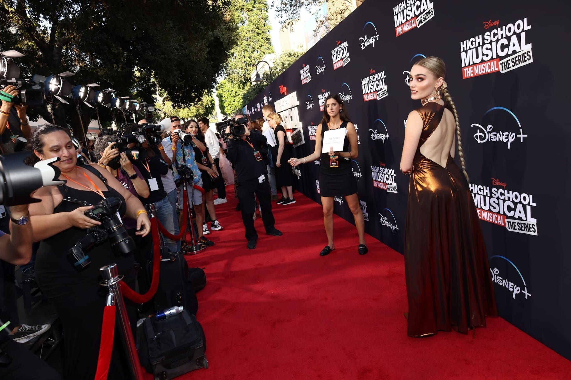 Meg Donnelly on the red carpet of the High School Musical Season 3 Premiere on July 27, 2022.