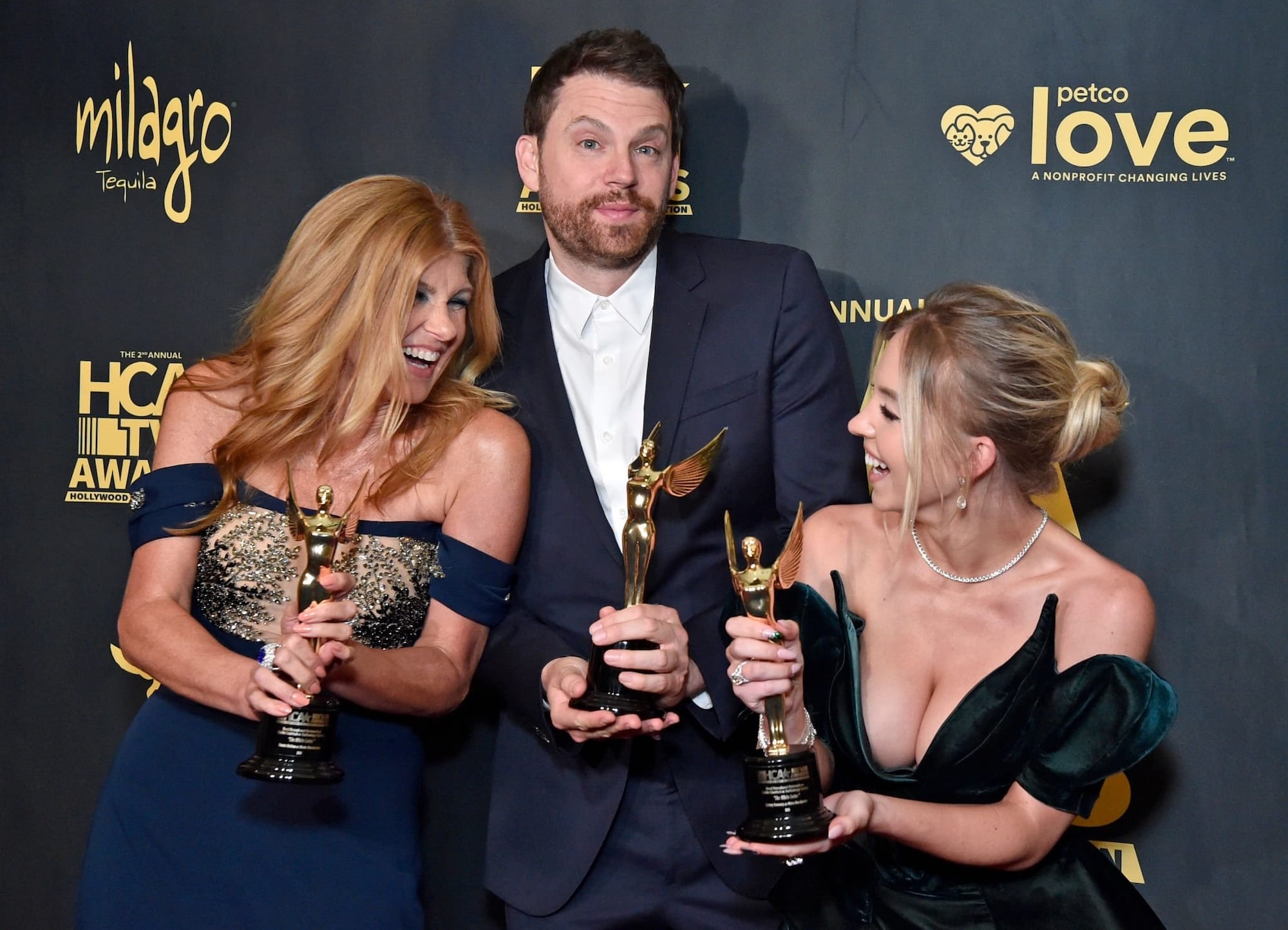 (L-R) Connie Britton, David Bernad and Sydney Sweeney at the 2nd Annual HCA TV Awards on August 13, 2022.