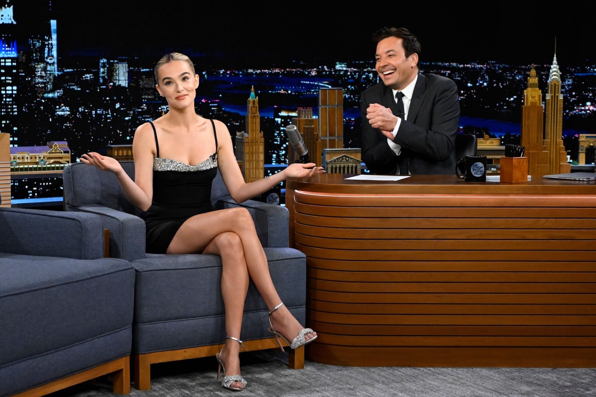 Zoey Deutch with Jimmy Fallon on The Tonight Show on August 4th, 2022.