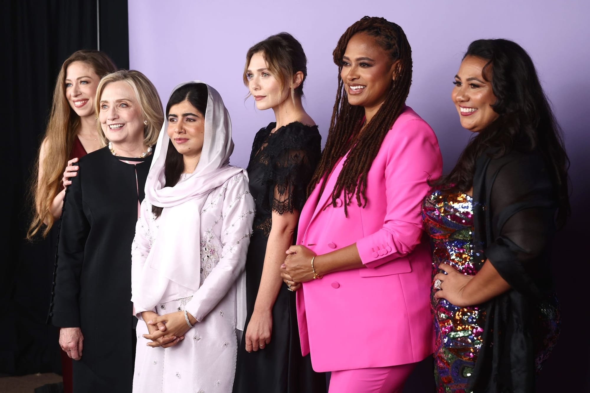 Chelsea Clinton, Hillary Clinton, Malala Yousafzai, Elizabeth Olsen, Ava DuVernay, and Jacqueline Martinez Garcel at Variety 2022 Power of Women Event.