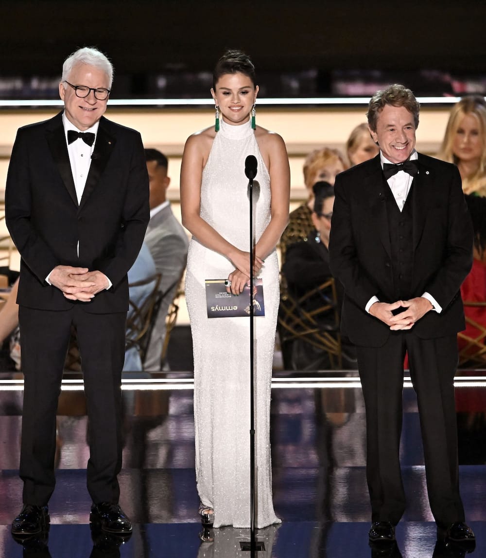 Selena Gomez in Celine with Steve Martin and Martin Short at 2022 Emmys