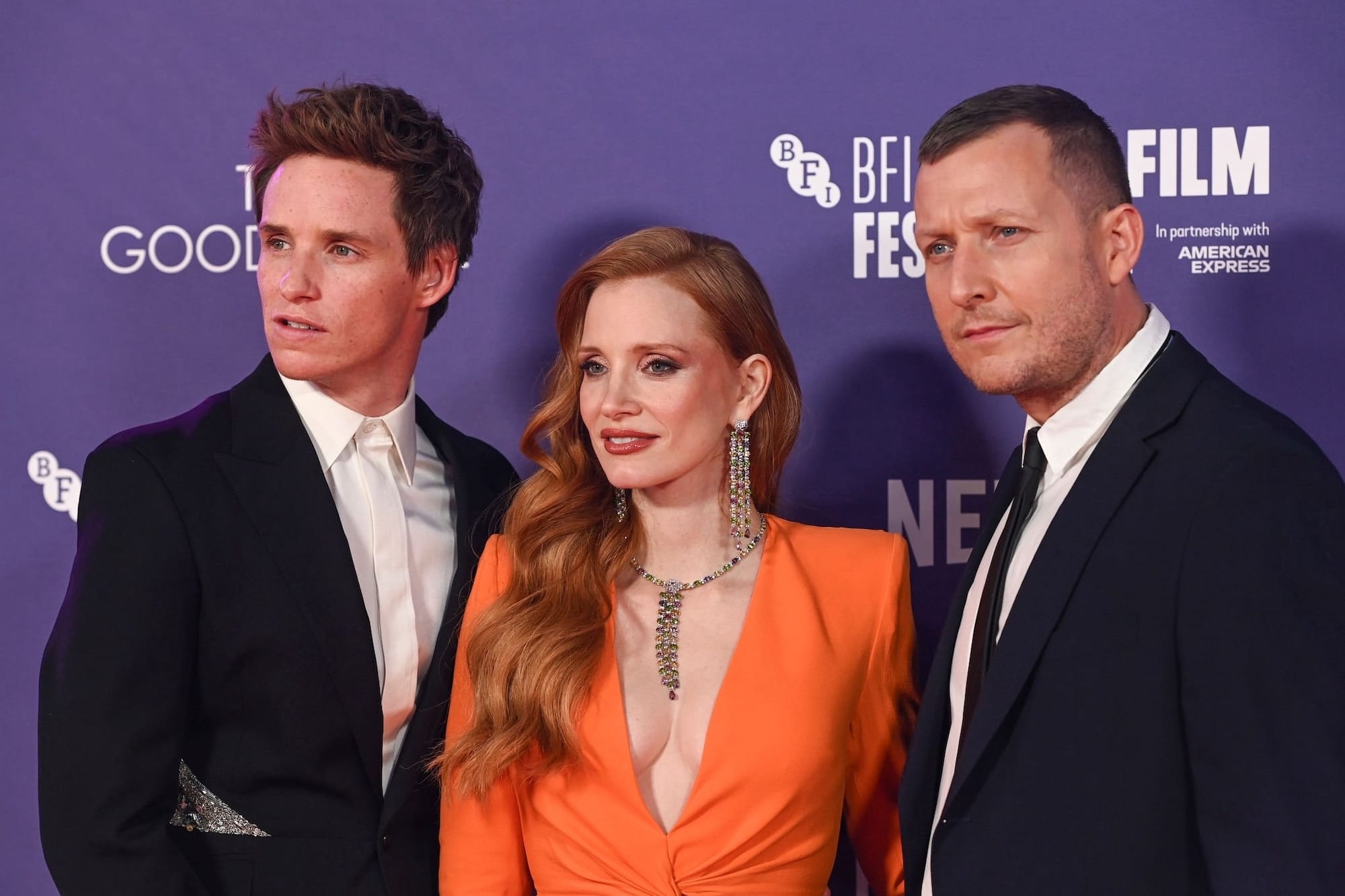 Eddie Redmayne With co-star Jessica Chastain and director Tobias Lindholm.