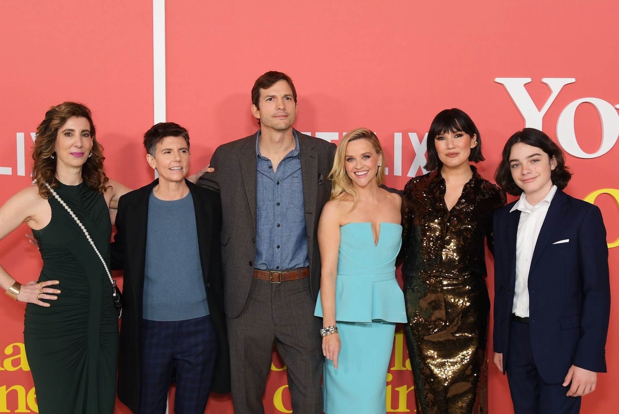 (L-R) Aline Brosh McKenna, Tig Notaro, Ashton Kutcher, Reese Witherspoon, Zoe Chao and Wesley Kimmel on the red carpet.