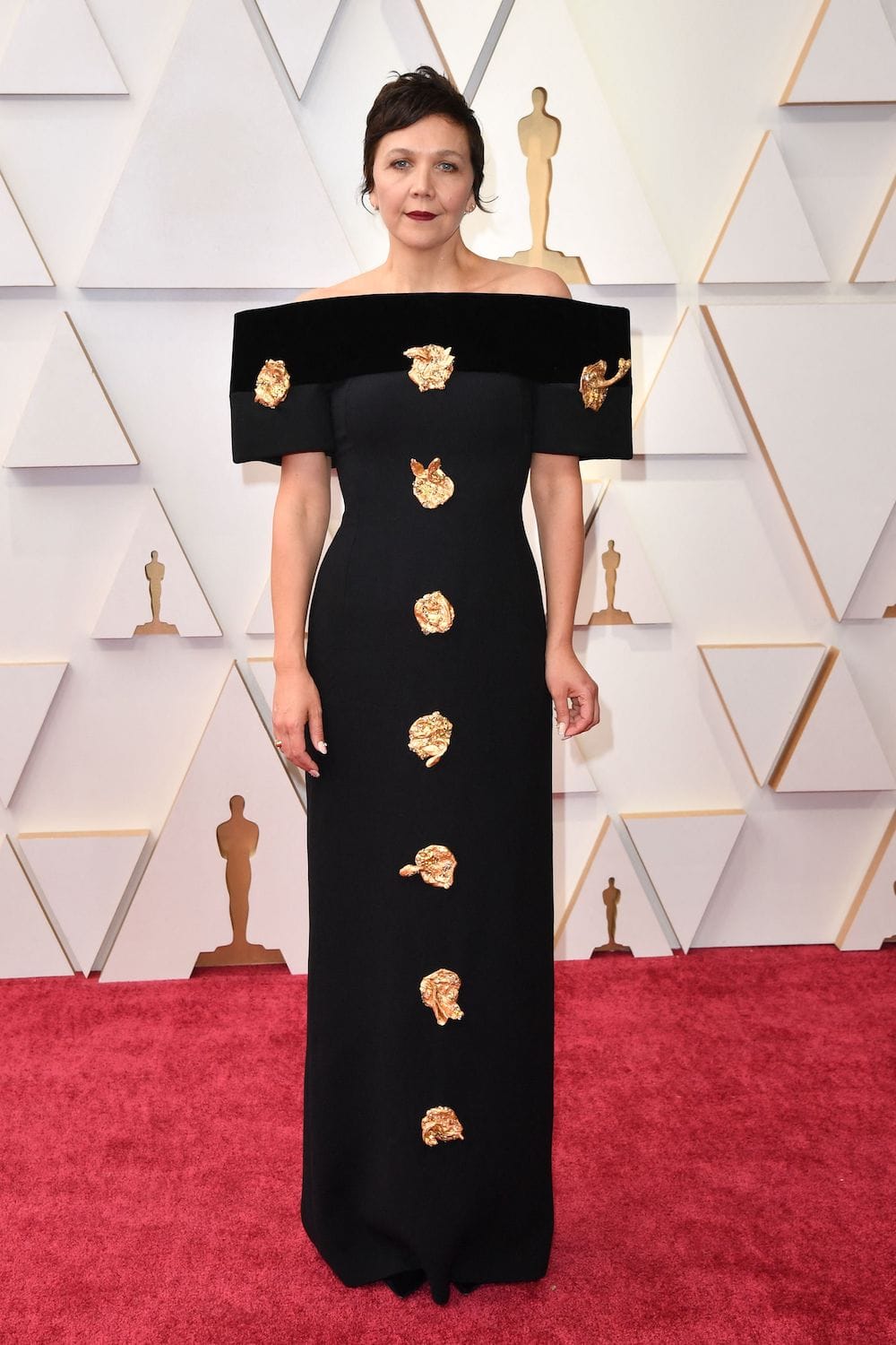 Oscars 2022: Maggie Gyllenhaal in Gold Accent Schiaparelli with Husband