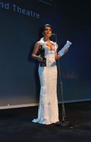 Salma Hayek in Alexander McQueen at 2015 Evening Standard Theatre Awards